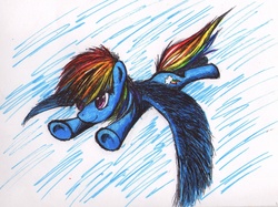 Size: 2104x1577 | Tagged: safe, artist:blue-dolmatin, rainbow dash, g4, female, flying, solo, traditional art