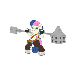 Size: 979x816 | Tagged: safe, artist:deoix, bon bon, sweetie drops, earth pony, pony, g4, belt, berserker, bipedal, clothes, female, gloves, hammer, solo, warrior, weapon