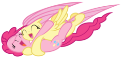 Size: 10000x5000 | Tagged: safe, artist:anxet, artist:misterdavey, fluttershy, pinkie pie, earth pony, pegasus, pony, smile hd, g4, ^^, absurd resolution, cute, diapinkes, duo, duo female, easter egg, eyes closed, female, hooves, hug, mare, open mouth, open smile, shyabetes, simple background, smiling, spread wings, transparent background, vector, wings