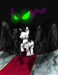 Size: 2488x3240 | Tagged: safe, artist:americananomaly, king sombra, pony, umbrum, g4, antagonist, anthroquestria, black crystal, blank flank, crystal, darkness, evil, eyes closed, glowing eyes, grin, male, origins, raised hoof, smiling, solo, unshorn fetlocks, younger
