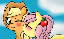 Size: 1280x788 | Tagged: safe, artist:sunniedoodles, applejack, fluttershy, earth pony, pegasus, pony, g4, blushing, cheek kiss, duo, female, hairclip, kissing, lesbian, mare, ship:appleshy, shipping