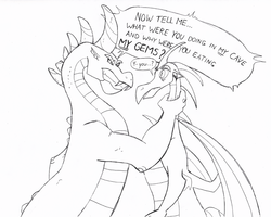 Size: 744x595 | Tagged: safe, artist:queencold, reginald, spike, dragon, g4, adult spike, black and white, choking, dialogue, grayscale, gritted teeth, monochrome, older, revenge, simple background, sketch, spikezilla, spread wings, white background, wings, yelling