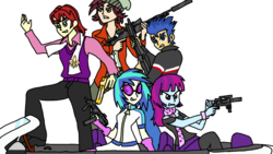 Size: 1280x720 | Tagged: safe, artist:3d4d, dj pon-3, flash sentry, mystery mint, nolan north, normal norman, vinyl scratch, equestria girls, g4, action pose, background human, group shot, gun, simple background, transparent background