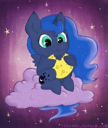 Size: 844x1000 | Tagged: safe, artist:erysz, princess luna, alicorn, pony, g4, cheese, cloud, cute, deface the moon, eating, edible heavenly object, female, filly, lunabetes, moon, signature, solo, stars, tangible heavenly object, tumblr, woona