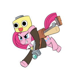 Size: 1000x1000 | Tagged: safe, artist:madmax, pinkie pie, g4, camera, clothes, crossover, dead rising, female, frank west, servbot, simple background, solo, transparent background, video game
