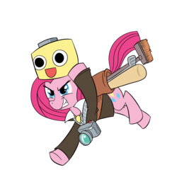 Size: 1000x1000 | Tagged: safe, artist:madmax, pinkie pie, earth pony, pony, g4, camera, clothes, crossover, dead rising, female, frank west, mare, servbot, simple background, solo, transparent background, video game