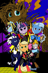 Size: 724x1103 | Tagged: safe, artist:prinnywesker, applejack, fluttershy, pinkie pie, rainbow dash, rarity, trixie, twilight sparkle, pony, g4, adam warlock, bipedal, cannon, captain marvel (marvel), clothes, crossover, doctor strange, groot, grootershy, guardians of the galaxy, mane six, marvel, nova, peter quill, quasar, star-lord, warlock