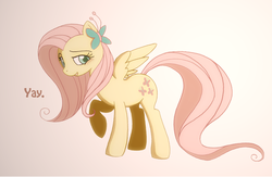 Size: 1000x653 | Tagged: safe, artist:science fox, fluttershy, butterfly, pegasus, pony, g4, blushing, female, gradient background, raised hoof, solo, yay