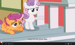Size: 854x510 | Tagged: safe, screencap, scootaloo, sweetie belle, g4, ponyville confidential, bored, meme, youtube, youtube caption