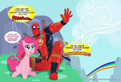 Size: 1083x738 | Tagged: safe, artist:darkereve, pinkie pie, earth pony, pony, g4, crossover, deadpool, female, mare, pinkiepool (pairing), rainbow, shipping, sitting, xk-class end-of-the-world scenario