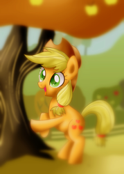 Size: 532x745 | Tagged: safe, artist:peppyfez, applejack, g4, female, happy, rearing, solo, tree