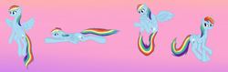 Size: 2590x820 | Tagged: safe, artist:versimer, rainbow dash, g4, female, flying, gradient background, solo, underhoof