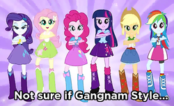 Size: 596x362 | Tagged: safe, screencap, applejack, fluttershy, pinkie pie, rainbow dash, rarity, twilight sparkle, equestria girls, g4, commercial, dancing, eg stomp, equestria girls prototype, gangnam style, humanized, image macro, magic of friendship (equestria girls), mane six, meme, polka dot socks, similarities, the equestria stompers