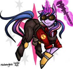 Size: 1056x1004 | Tagged: safe, artist:madameghosts, twilight sparkle, pony, unicorn, g4, crossover, engineer, engineer (tf2), female, magic, mare, team fortress 2, telekinesis, unicorn twilight, wrench