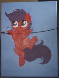 Size: 2286x3031 | Tagged: safe, artist:blindfaith-boo, scootaloo, pegasus, pony, g4, acrylic painting, blue background, cute, cutealoo, female, filly, flapping, flapping wings, foal, hang in there, hanging, painting, simple background, solo, spread wings, traditional art, wings