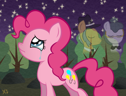 Size: 1021x782 | Tagged: safe, artist:xylophon, cloudy quartz, igneous rock pie, pinkie pie, g4, crying, disappointed, family, father, implied death, mother, night, parent, rock farm, sad, ship:quartzrock, stars, tears of fear, wrong cutie mark