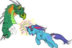 Size: 576x388 | Tagged: safe, artist:foxspotted, sparkler (g1), dragon, g1, bow, fight, magic, tail bow