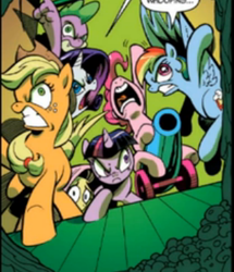 Size: 305x354 | Tagged: safe, idw, official comic, applejack, fluttershy, pinkie pie, rainbow dash, rarity, spike, twilight sparkle, dragon, earth pony, pegasus, pony, unicorn, g4, the return of queen chrysalis, spoiler:comic, action pose, angry, cowering, cropped, determined, female, male, mane seven, mane six, mare, party cannon