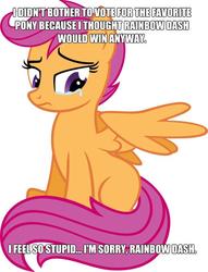 Size: 625x817 | Tagged: safe, rainbow dash, scootaloo, g4, crying, fan favorite, fan favorite poll, feels, female, image macro, impact font, older, sad, solo, text