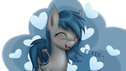 Size: 1964x1105 | Tagged: safe, artist:xn-d, oc, oc only, oc:speck, bat pony, pony, blushing, cute, ear fluff, ear tufts, eeee, eyes closed, fangs, female, happy, heart, mare, ocbetes, open mouth, simple background, smiling, solo, white background