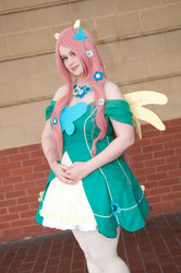 Size: 2848x4288 | Tagged: safe, artist:darkerlink, fluttershy, human, g4, clothes, cosplay, dress, gala dress, irl, irl human, minami con, photo, solo