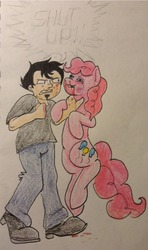 Size: 746x1264 | Tagged: safe, artist:fangirlrequests, pinkie pie, human, g4, abuse, abusive human, crossover, dan, dan vs, go to sleep svengallop, pinkiebuse, traditional art