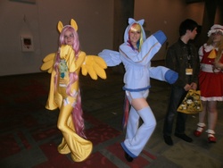 Size: 4288x3216 | Tagged: safe, artist:emmyfluff83, fluttershy, rainbow dash, human, g4, 2011, clothes, convention, cosplay, fanimecon, hoodie, irl, irl human, photo