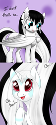 Size: 1271x2813 | Tagged: safe, artist:noodlefreak88, oc, oc only, oc:celery, oc:laura the zony, pony, unicorn, comic, cute, dialogue, hammerspace, hammerspace hair, mulatto