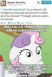 Size: 495x738 | Tagged: safe, applejack, fluttershy, pinkie pie, rainbow dash, rarity, sweetie belle, twilight sparkle, oc, oc:meghan mccarthy, g4, elements of harmony, exploitable meme, headcanon, image macro, immortality, mane six, meghan mccarthy, meme, sudden clarity sweetie belle, text, theory, tumblr