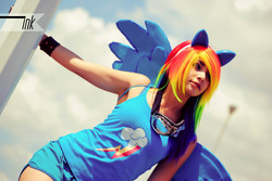 Size: 3872x2592 | Tagged: artist needed, safe, artist:endless-ink, rainbow dash, human, g4, clothes, cosplay, ears, goggles, irl, irl human, photo, shorts, solo, wings