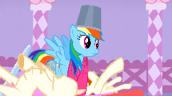 Size: 960x540 | Tagged: safe, screencap, rainbow dash, g4, suited for success, animated, bucket, bucketdash, cute, dashabetes, fabric, female, frown, headbucket, mannequin, rainbow dash always dresses in style, solo, spread wings, surprised, talking