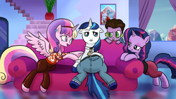 Size: 1920x1080 | Tagged: safe, artist:doublewbrothers, night light, princess cadance, shining armor, spike, twilight sparkle, twilight velvet, semi-anthro, alternate hairstyle, american gothic, clothes, couch, crossover, crystal empire, earring, floppy ears, headband, lidded eyes, married with children, necktie, open mouth, pants, picture, potted plant, shirt, shorts, sitting, tight clothing, wallpaper, window