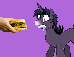 Size: 810x625 | Tagged: safe, artist:advanceddefense, edit, twilight sparkle, twilight unbound, g4, burger, drool, eyes on the prize, gritted teeth, messy mane, omnivore twilight, ponies eating meat, sharp teeth, werelight shine, wide eyes