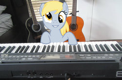 Size: 4000x2635 | Tagged: safe, artist:mrnein9, derpy hooves, pegasus, pony, g4, bed, female, guitar, irl, keyboard, mare, musical instrument, photo, ponies in real life, solo, synthesizer, vector