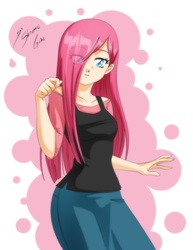 Size: 2550x3300 | Tagged: safe, artist:shinta-girl, pinkie pie, human, g4, clothes, female, hair over one eye, humanized, looking at you, pinkamena diane pie, skirt, solo
