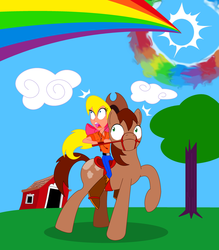 Size: 1024x1170 | Tagged: safe, artist:bbbhuey, megan williams, tj, human, pony, g1, humans riding ponies, riding, sonic rainboom