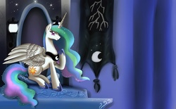 Size: 4000x2478 | Tagged: safe, artist:pridark, princess celestia, alicorn, pony, g4, accessory swap, female, sitting, solo