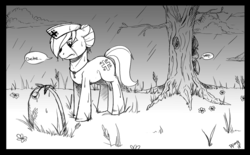 Size: 1024x634 | Tagged: safe, artist:papercutpony, doctor whooves, nurse redheart, time turner, g4, grave, monochrome, sad