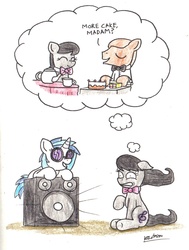 Size: 1628x2154 | Tagged: safe, artist:bobthedalek, dj pon-3, octavia melody, vinyl scratch, earth pony, pony, unicorn, g4, amplifier, backwards cutie mark, cake, dream, duo, female, funny, happy place, teapot, waiter