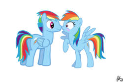 Size: 1600x1075 | Tagged: safe, artist:iyabrony, rainbow dash, g4, blushing, implied selfcest, rainbow blitz, rule 63, self ponidox, wingboner