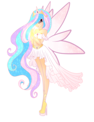 Size: 1024x1325 | Tagged: safe, artist:iikiui, princess celestia, fairy, human, equestria girls, g4, belly button, breasts, crossover, crown, delicious flat chest, fairy wings, fairyized, female, flatchestia, humanized, jewelry, magic winx, midriff, pink wings, regalia, solo, sparkly wings, winged humanization, wings, winx, winx club, winxified