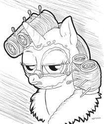 Size: 841x1000 | Tagged: safe, artist:abronyaccount, rarity, g4, bathrobe, clothes, female, hair curlers, lineart, monochrome, morning ponies, mud mask, nasal strip, robe, solo