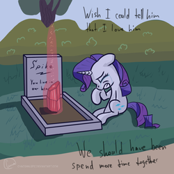 Size: 1024x1024 | Tagged: safe, artist:chaosmalefic, rarity, spike, pony, unicorn, g4, crying, female, grave, implied death, male, mare, sad, ship:sparity, shipping, sitting, solo, straight, tragedy