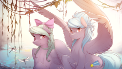 Size: 2560x1440 | Tagged: dead source, safe, artist:antiander, cloudchaser, flitter, dragonfly, pegasus, pony, g4, 2013, bow, duo, duo female, female, hair bow, large wings, mare, raised hoof, spread wings, tongue out, wallpaper, wings
