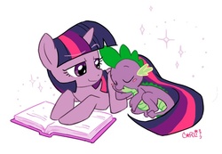 Size: 650x450 | Tagged: safe, artist:barlee, spike, twilight sparkle, g4, blushing, book, sleeping, spikelove