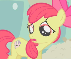 Size: 500x415 | Tagged: safe, edit, edited screencap, screencap, apple bloom, diamond tiara, earth pony, pony, call of the cutie, g4, my little pony: friendship is magic, alternate cutie mark, bow, cropped, female, hair bow, sad, solo