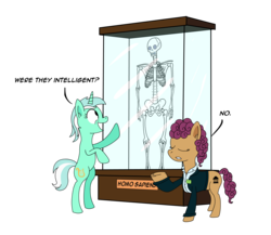 Size: 2300x2000 | Tagged: safe, artist:klystron2010, lyra heartstrings, oc, earth pony, human, pony, unicorn, g4, clothes, duo, female, mare, misanthropy, misanthropy in the comments, museum, simple background, skeleton, text, transparent background