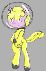 Size: 325x495 | Tagged: safe, artist:retl, oc, oc only, oc:puppysmiles, earth pony, pony, fallout equestria, fallout equestria: pink eyes, bipedal, fanfic, fanfic art, female, filly, gray background, hazmat suit, hooves, simple background, solo
