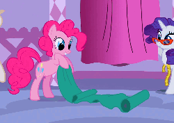 Size: 760x540 | Tagged: safe, screencap, pinkie pie, rarity, g4, suited for success, animated, cute, diapinkes, fabric, female, glasses, hnnng