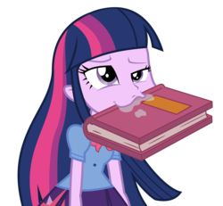 Size: 6000x5544 | Tagged: safe, artist:masem, twilight sparkle, equestria girls, g4, my little pony equestria girls, absurd resolution, berk, bibliovore, book, derp, female, humans doing horse things, mouth hold, nom, simple background, solo, transparent background, vector